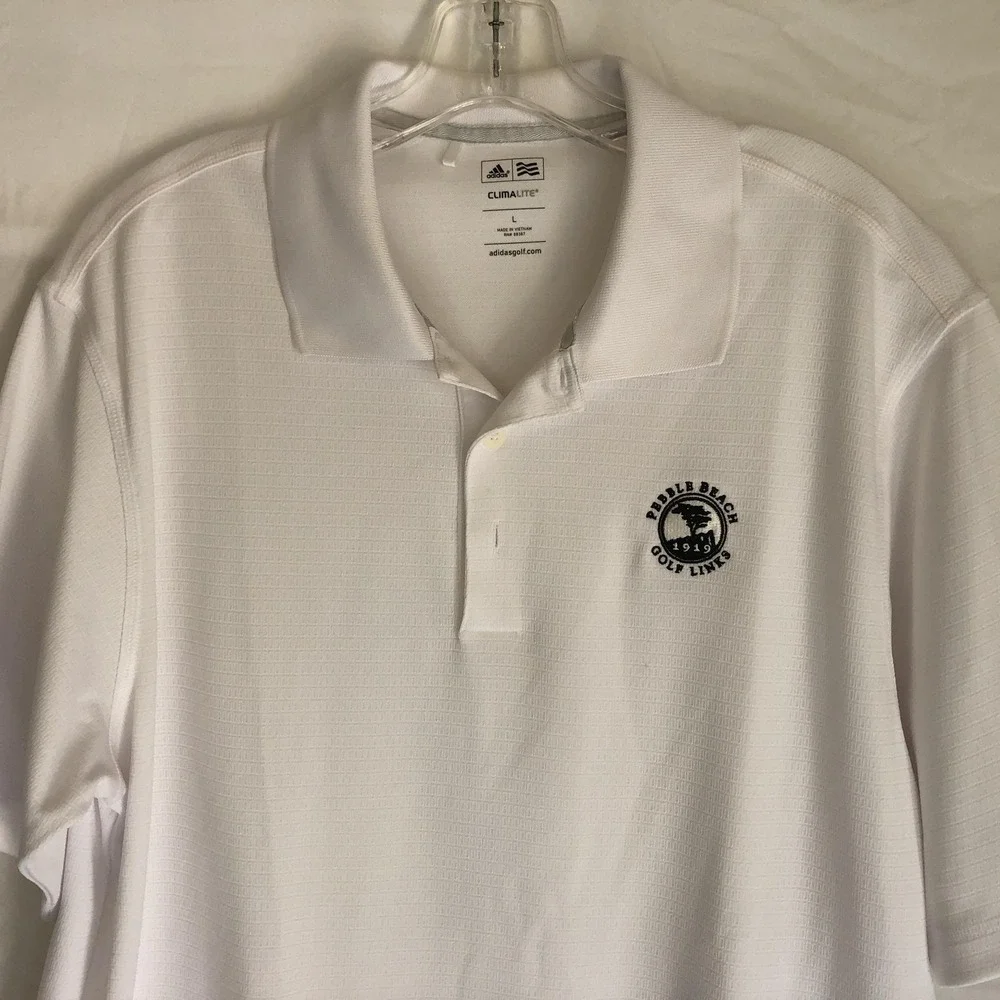 Adidas Polo Shirt Mens Large White Pebble Beach Golf Links Climalite Performance